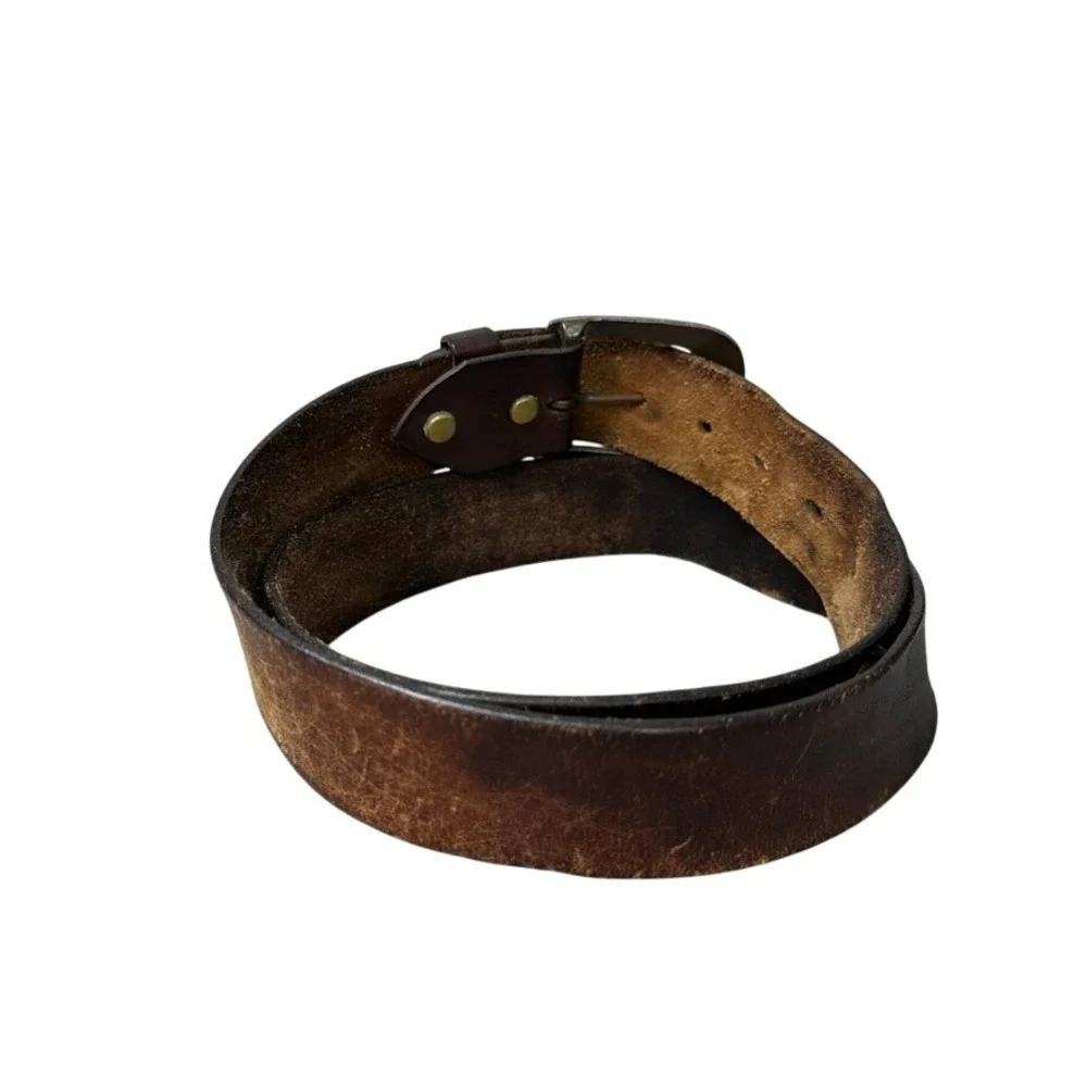 Vintage Distressed Brown Leather Belt Brass Horseshoe Buckle Mens 1.5 Inch Wide